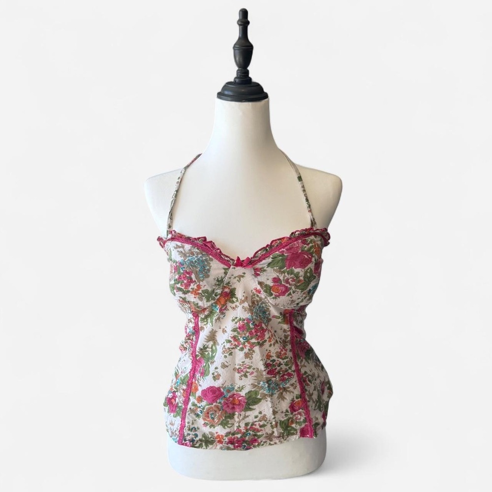 Vintage Y2K Cottagecore Floral Halter Peplum Top Pink XS S